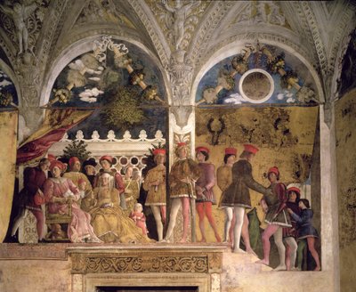 Marchese Ludovico Gonzaga III di Mantova (reg. 1444-78), sua moglie Barbara di Brandeburgo, figli, cortigiani e il loro cane Rubino, dalla Camera degli Sposi o Camera Picta, 1465-74 (dettaglio) da Andrea Mantegna